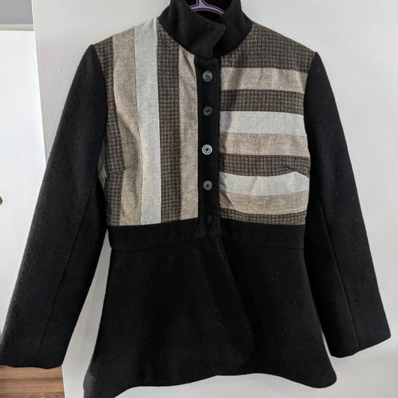 Natalie Gerber patchwork neutral color block wool dress coat - Picture 1 of 6